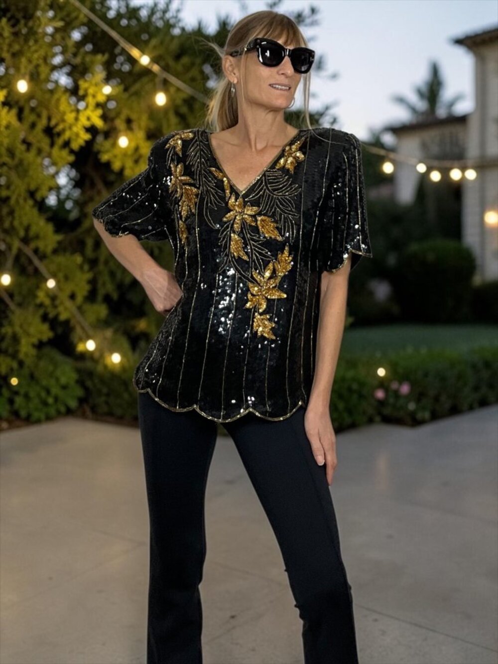 Vintage Sequins Blouse Stenay Silk XL Black Gold Floral V-Neck Short Sleeve